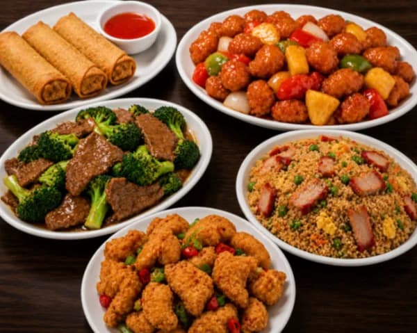 For Three (A) - Three egg rolls, sweet & sour pork, beef and broccoli, small deep-fried breaded chicken, and BBQ pork-fried rice.