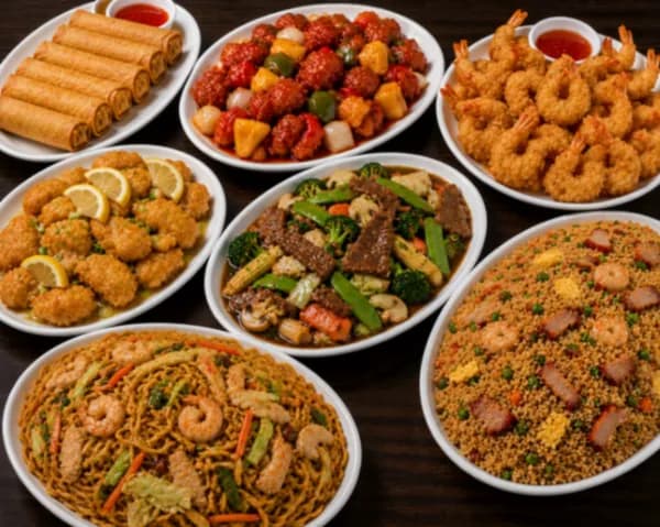 For Six (A) - Six egg rolls, sweet & sour pork, large deep-fried prawns, lemon chicken, beef chop suey, house special fried-rice, and house special chow mein.